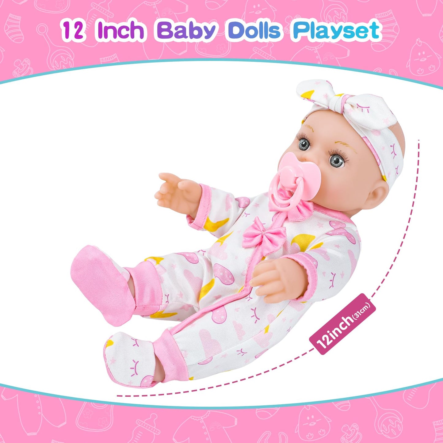 BDDOLL 12-Inch Baby Doll Crib Playset with Clothes & Accessories | Sleepover-Themed Gift for Ages 3+