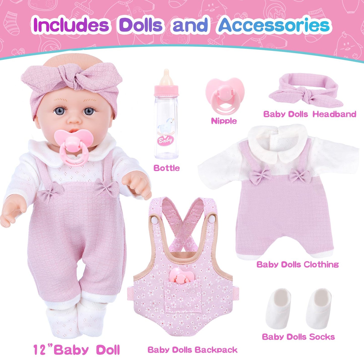 BDDOLL 12-Inch Baby Doll Playset with Carrier & Accessories – Clothes, Bottles, Socks, Headbands