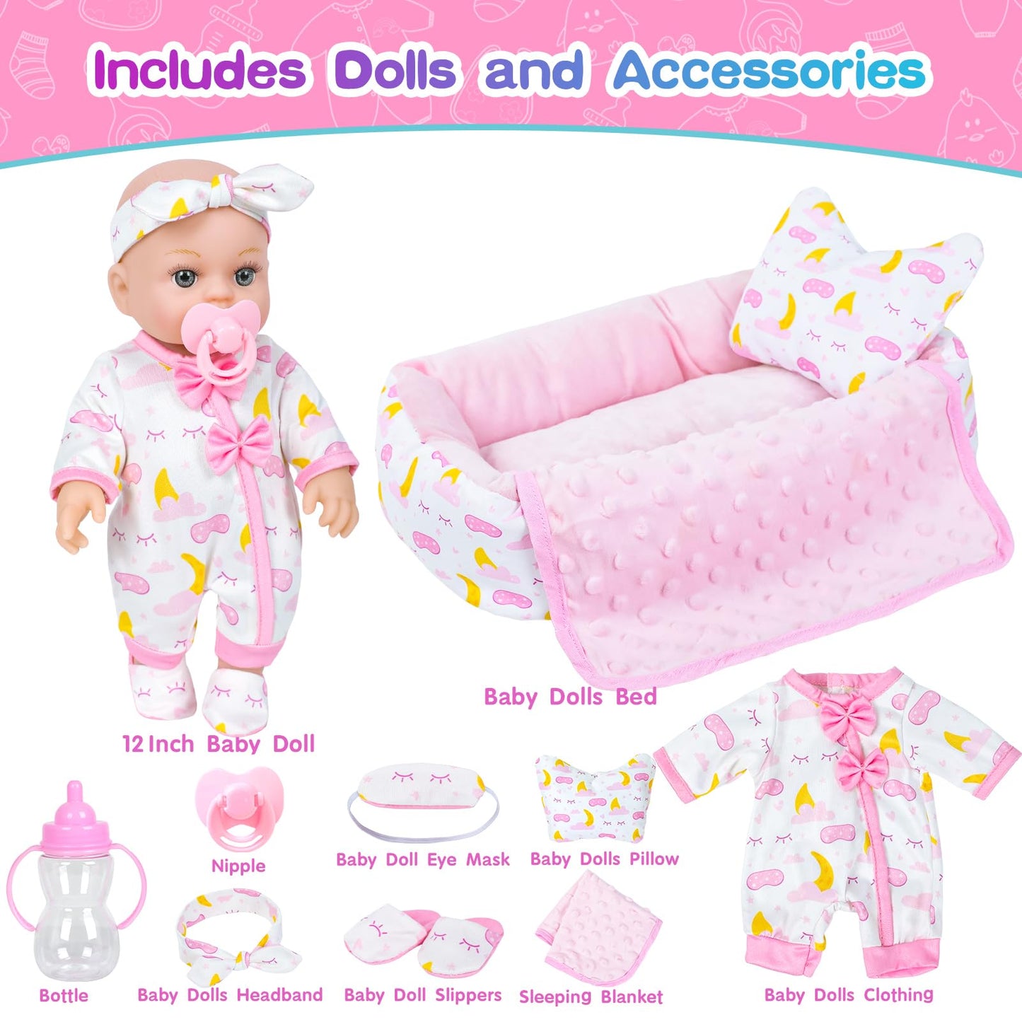 BDDOLL 12-Inch Baby Doll Crib Playset with Clothes & Accessories | Sleepover-Themed Gift for Ages 3+