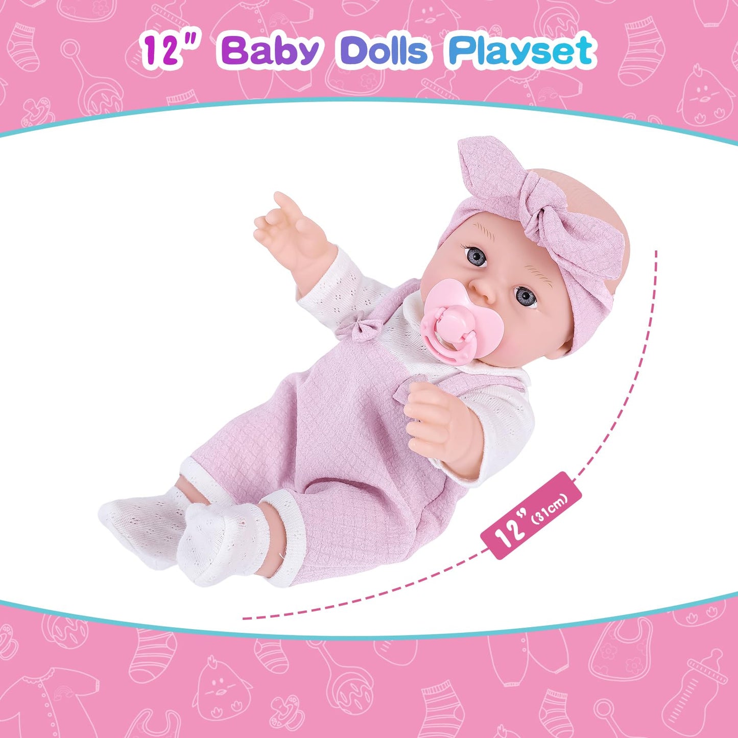 BDDOLL 12-Inch Baby Doll Playset with Carrier & Accessories – Clothes, Bottles, Socks, Headbands