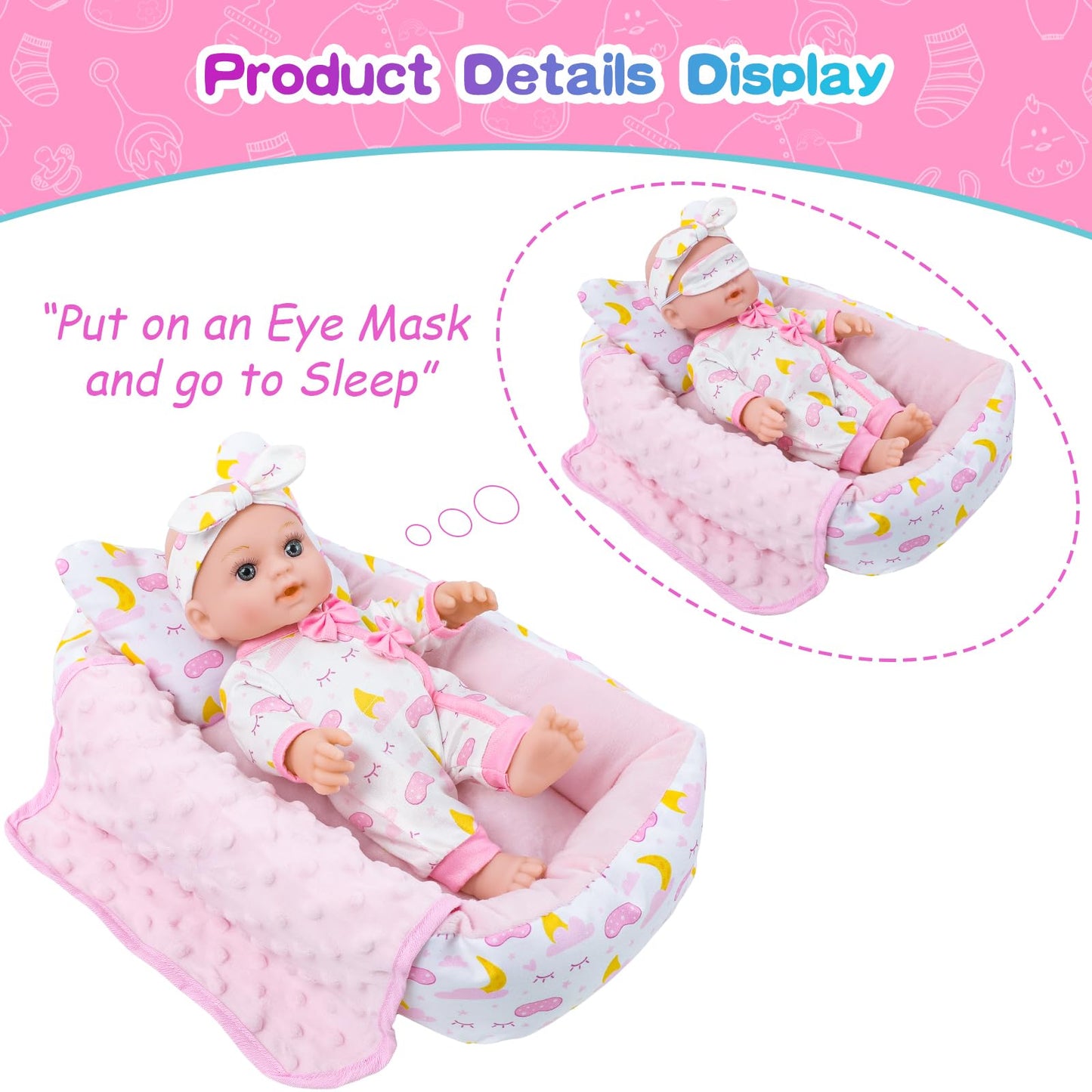 BDDOLL 12-Inch Baby Doll Crib Playset with Clothes & Accessories | Sleepover-Themed Gift for Ages 3+