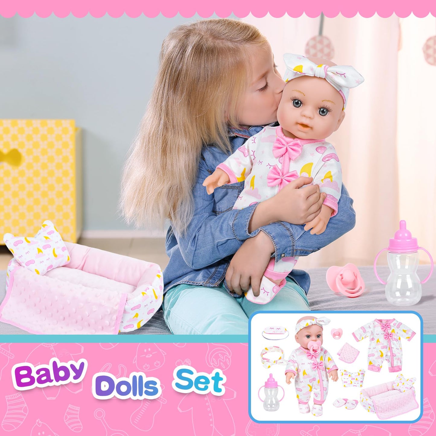 BDDOLL 12-Inch Baby Doll Crib Playset with Clothes & Accessories | Sleepover-Themed Gift for Ages 3+