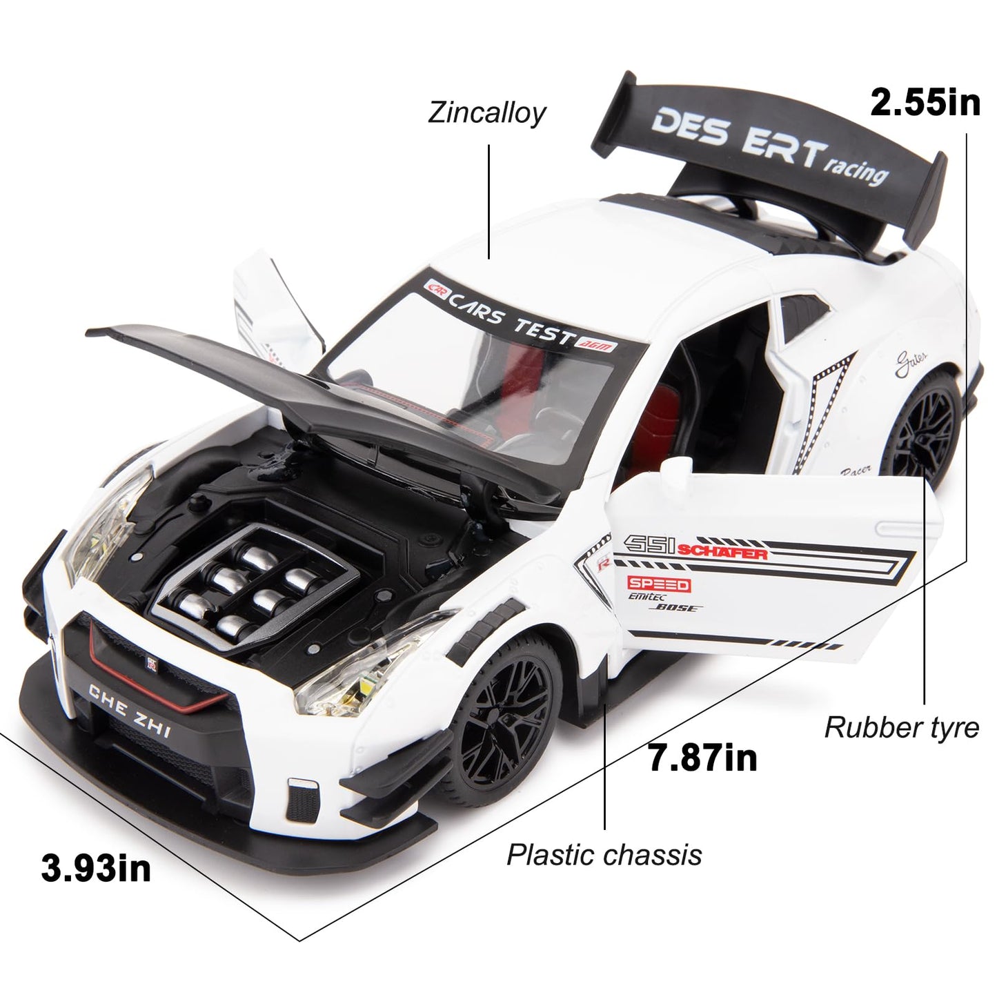BDTCTK 1/24 Scale Nissan GTR Model Car Toy with Sound & Light — Zinc Alloy Pull-Back (White)
