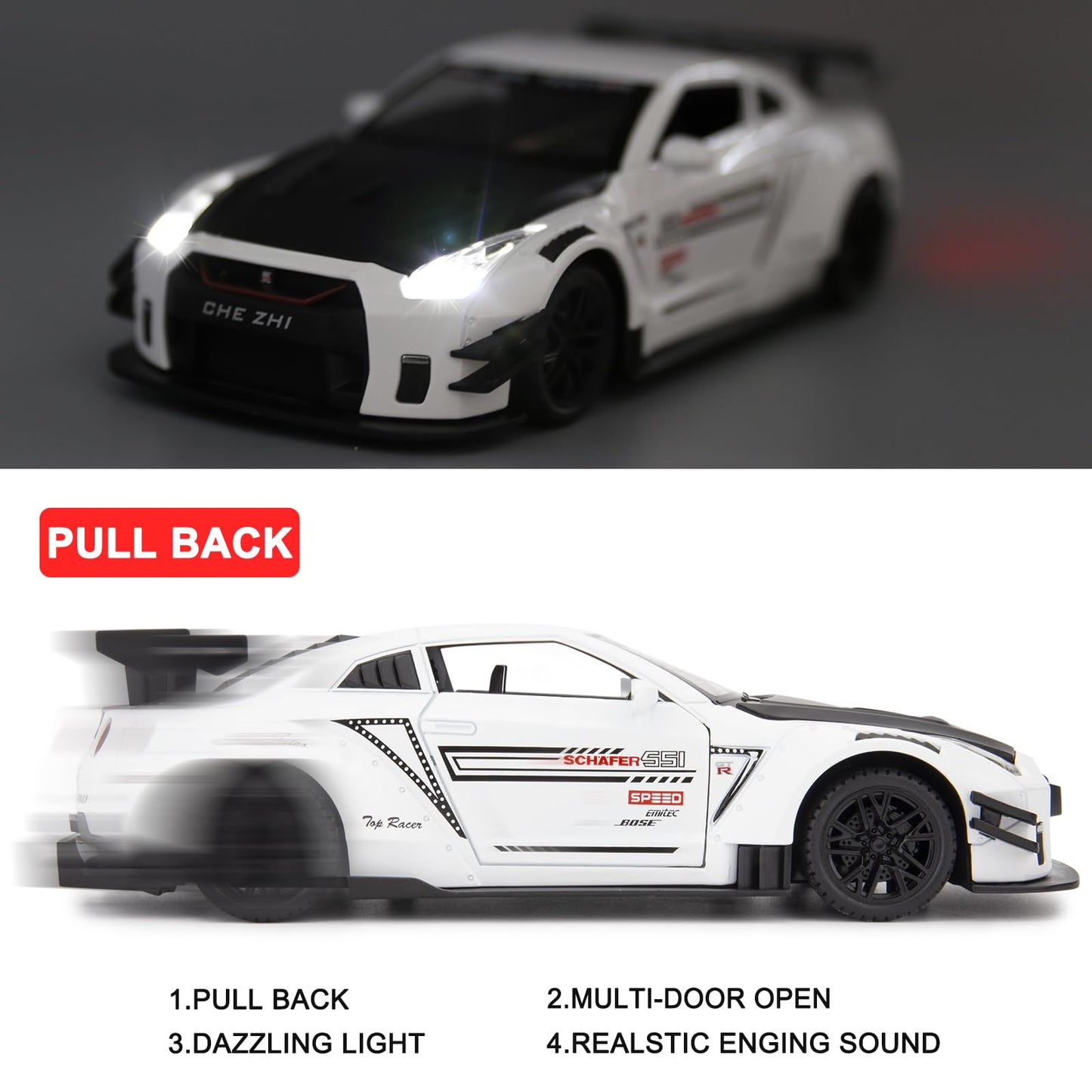 BDTCTK 1/24 Scale Nissan GTR Model Car Toy with Sound & Light — Zinc Alloy Pull-Back (White)