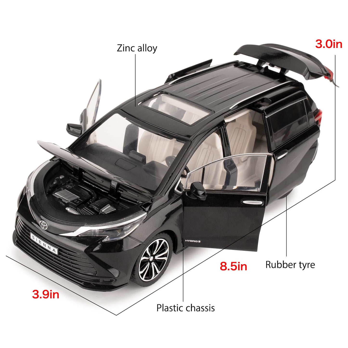 BDTCTK 1:24 Sienna Diecast Car with Pull-Back, Lights & Sounds – Gift Black