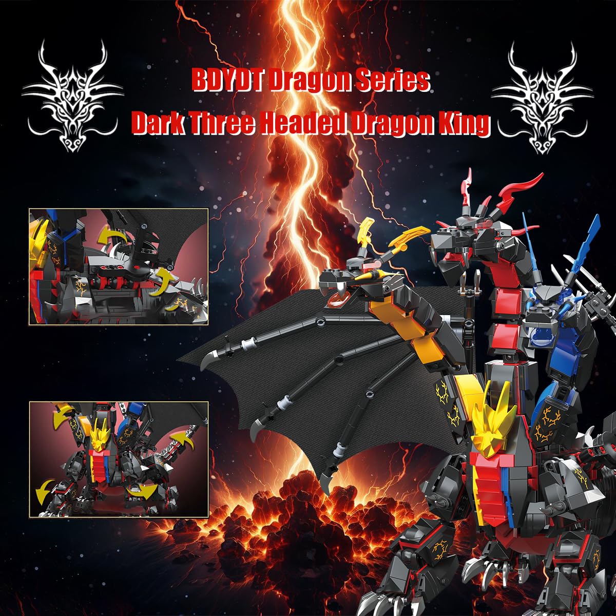 BDYDT Dragon Series Dark Three Headed Dragon King Building Blocks Set (1400 PCS)