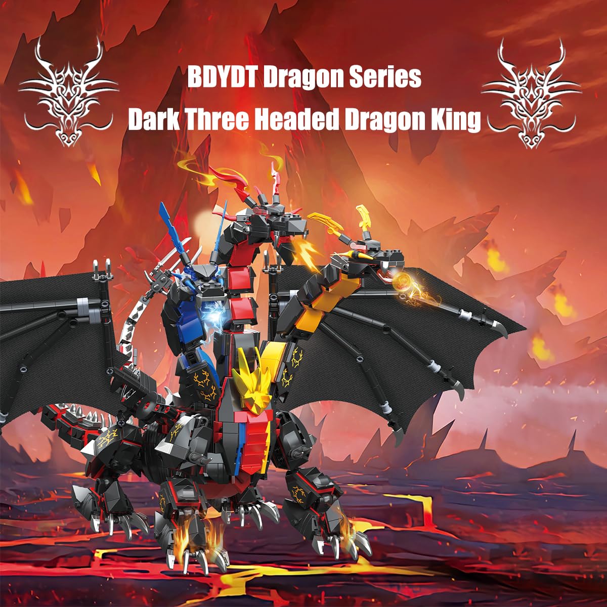 BDYDT Dragon Series Dark Three Headed Dragon King Building Blocks Set (1400 PCS)