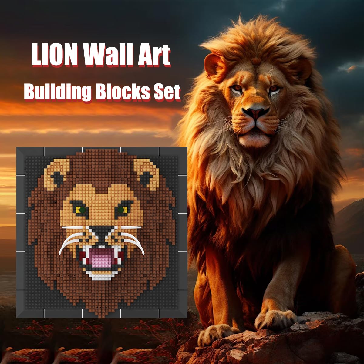 BDYDT Lion Wall Art Building Blocks Set - 1700+ Pieces, Adult 3D Portrait Decor