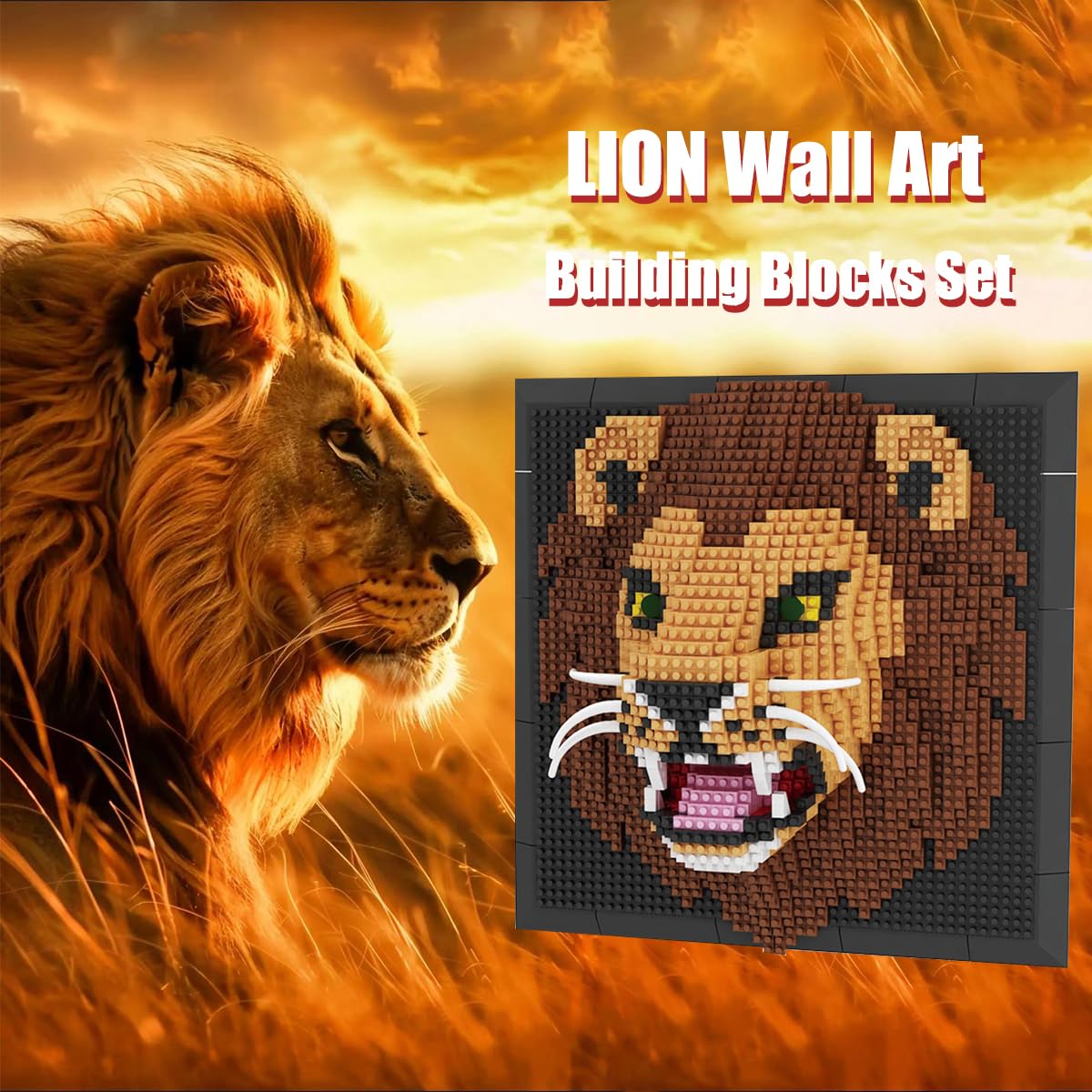 BDYDT Lion Wall Art Building Blocks Set - 1700+ Pieces, Adult 3D Portrait Decor