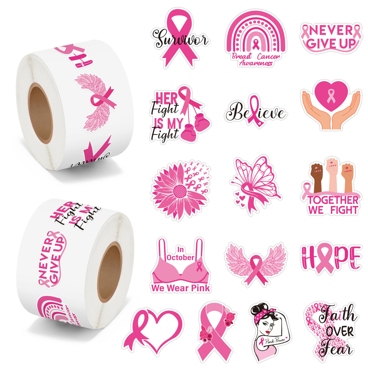 BeYumi Breast Cancer Awareness Stickers – 1000 Pcs in 2 Rolls Waterproof Vinyl