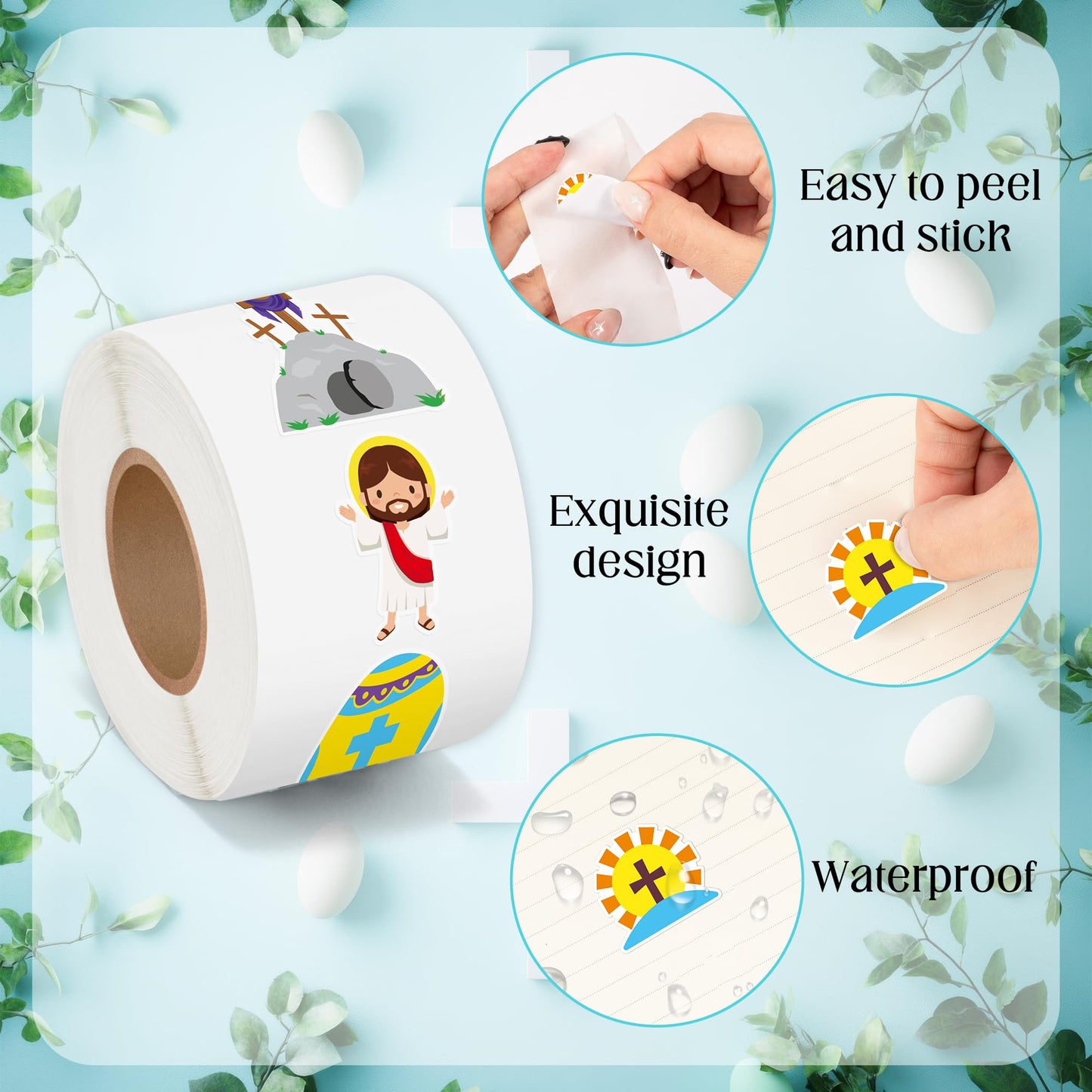 BeYumi Easter Christian Sticker Roll – 1000 Pcs, 2 Rolls, Waterproof Vinyl for Crafts