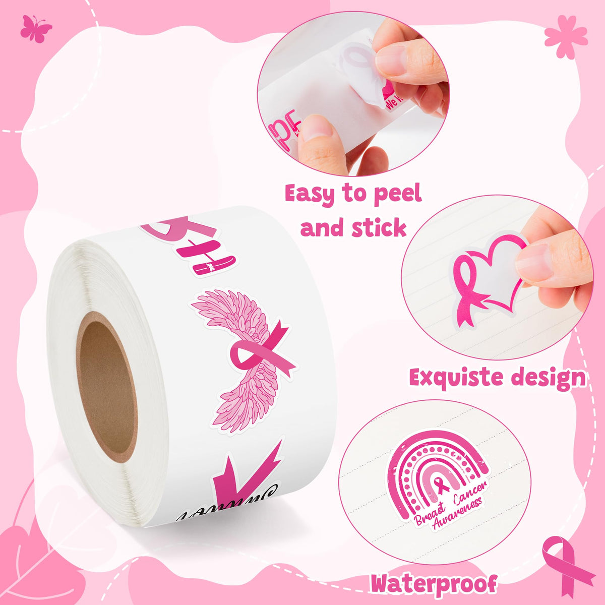 BeYumi Breast Cancer Awareness Stickers – 1000 Pcs in 2 Rolls Waterproof Vinyl