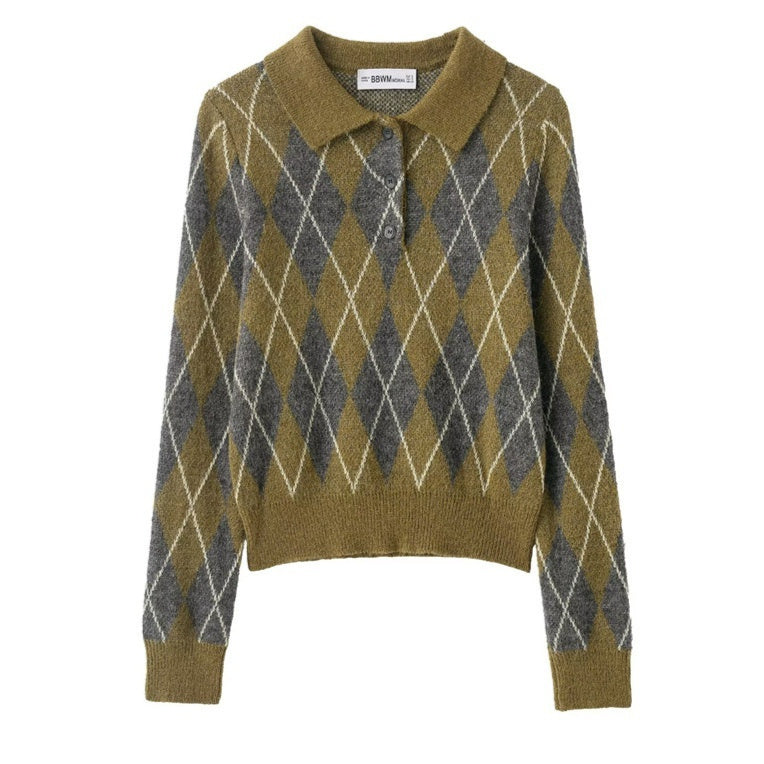 Women's Diamond-Patterned Knitted Sweater - Long Sleeve Button-Up Cardigan
