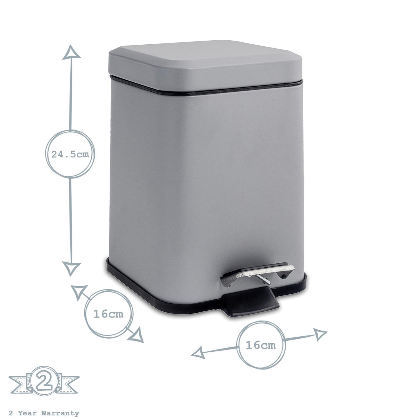 3L Matt Grey Square Bathroom Pedal Bin