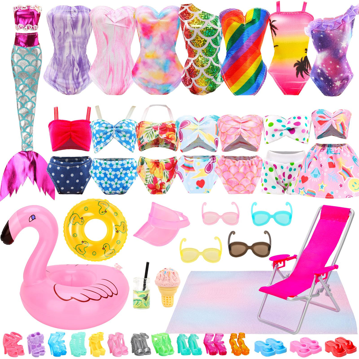 BEABARZA Lot 25 Pack Doll Bathing Suits & Pool Accessories for 11.5-Inch Dolls | 6 Swimsuits, 2 Floats, 4 Sunglasses, 8 Shoes