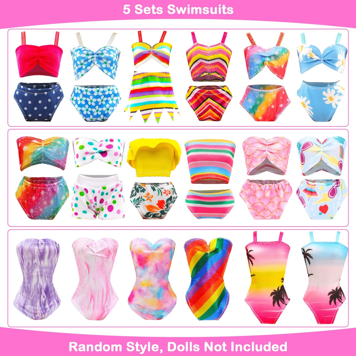 BEABARZA Lot 25 Pack Doll Bathing Suits & Pool Accessories for 11.5-Inch Dolls | 6 Swimsuits, 2 Floats, 4 Sunglasses, 8 Shoes