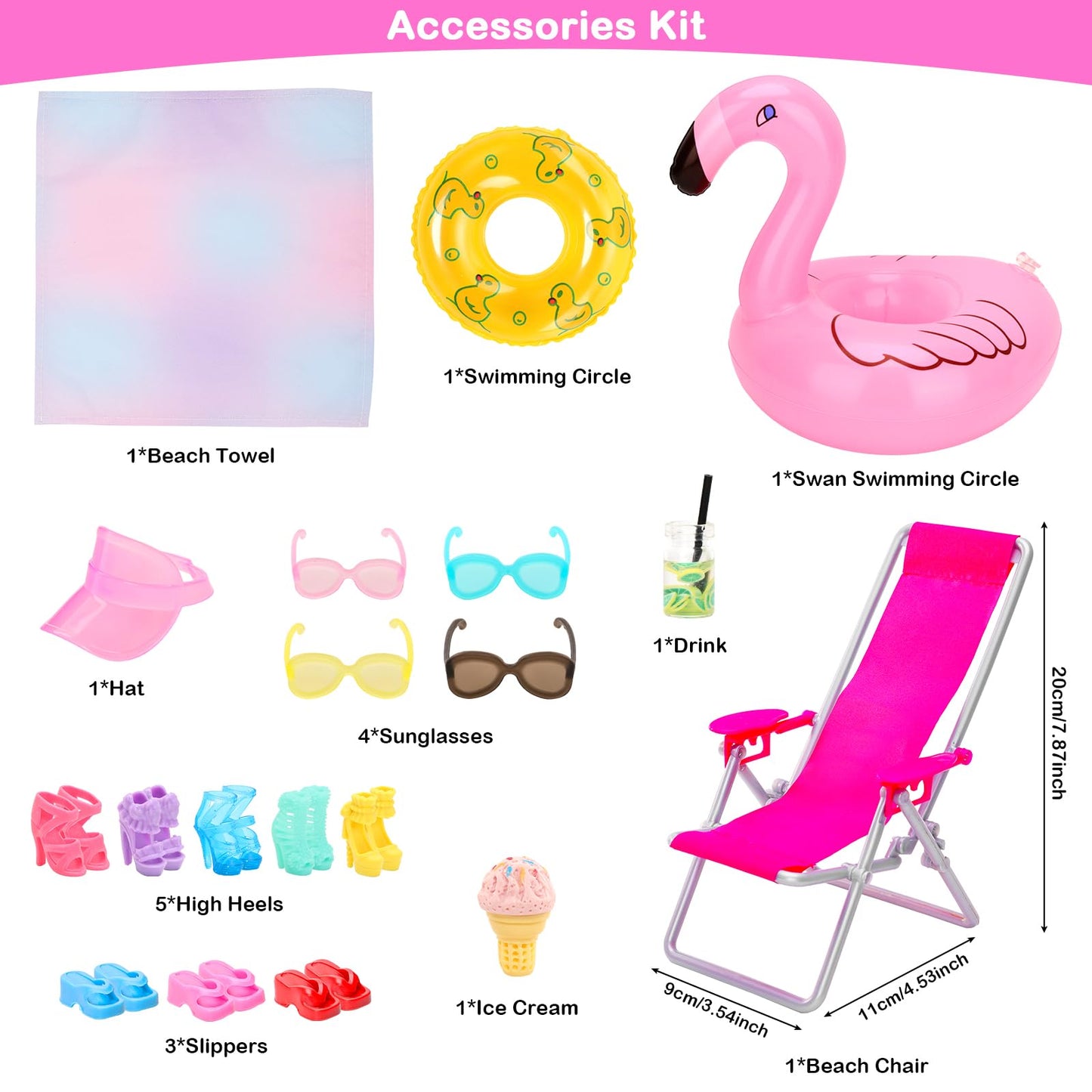 BEABARZA Lot 25 Pack Doll Bathing Suits & Pool Accessories for 11.5-Inch Dolls | 6 Swimsuits, 2 Floats, 4 Sunglasses, 8 Shoes