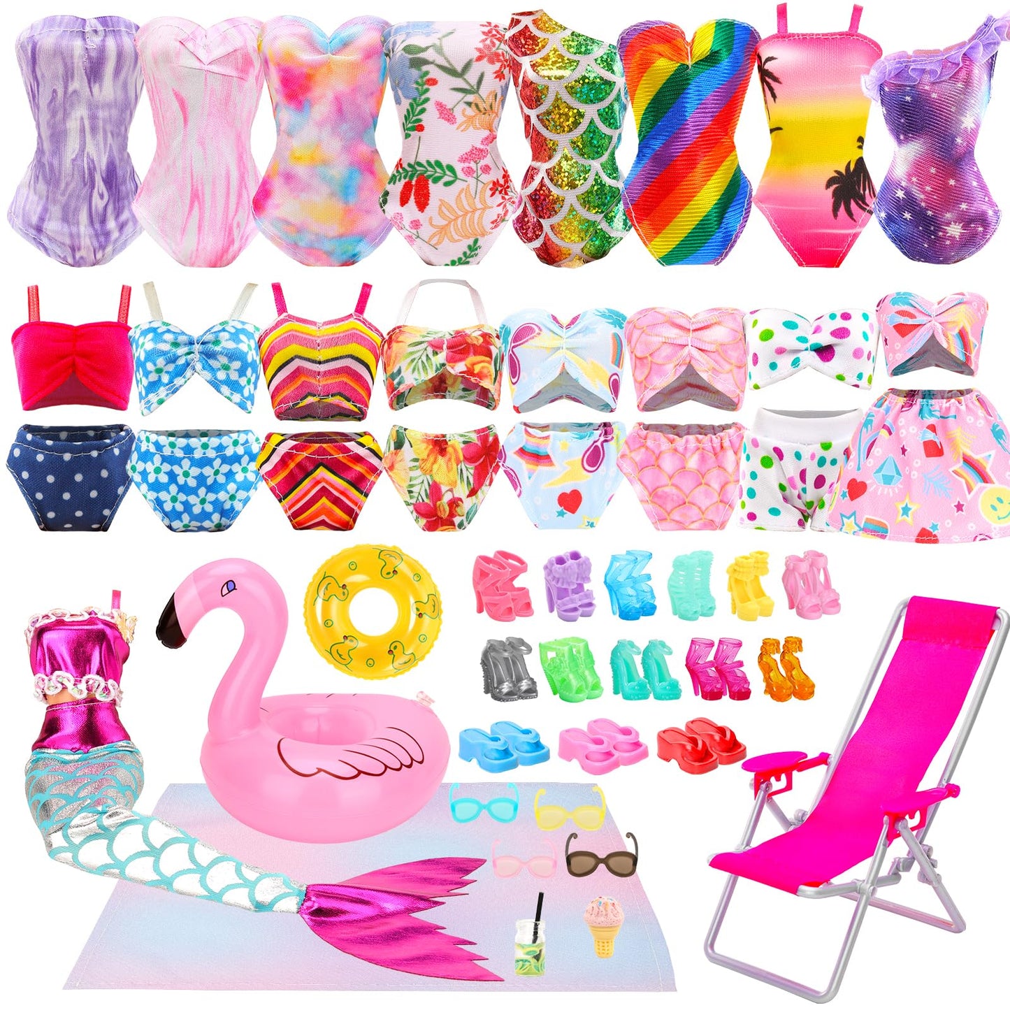 BEABARZA Lot 25 Pack Doll Bathing Suits & Pool Accessories for 11.5-Inch Dolls | 6 Swimsuits, 2 Floats, 4 Sunglasses, 8 Shoes