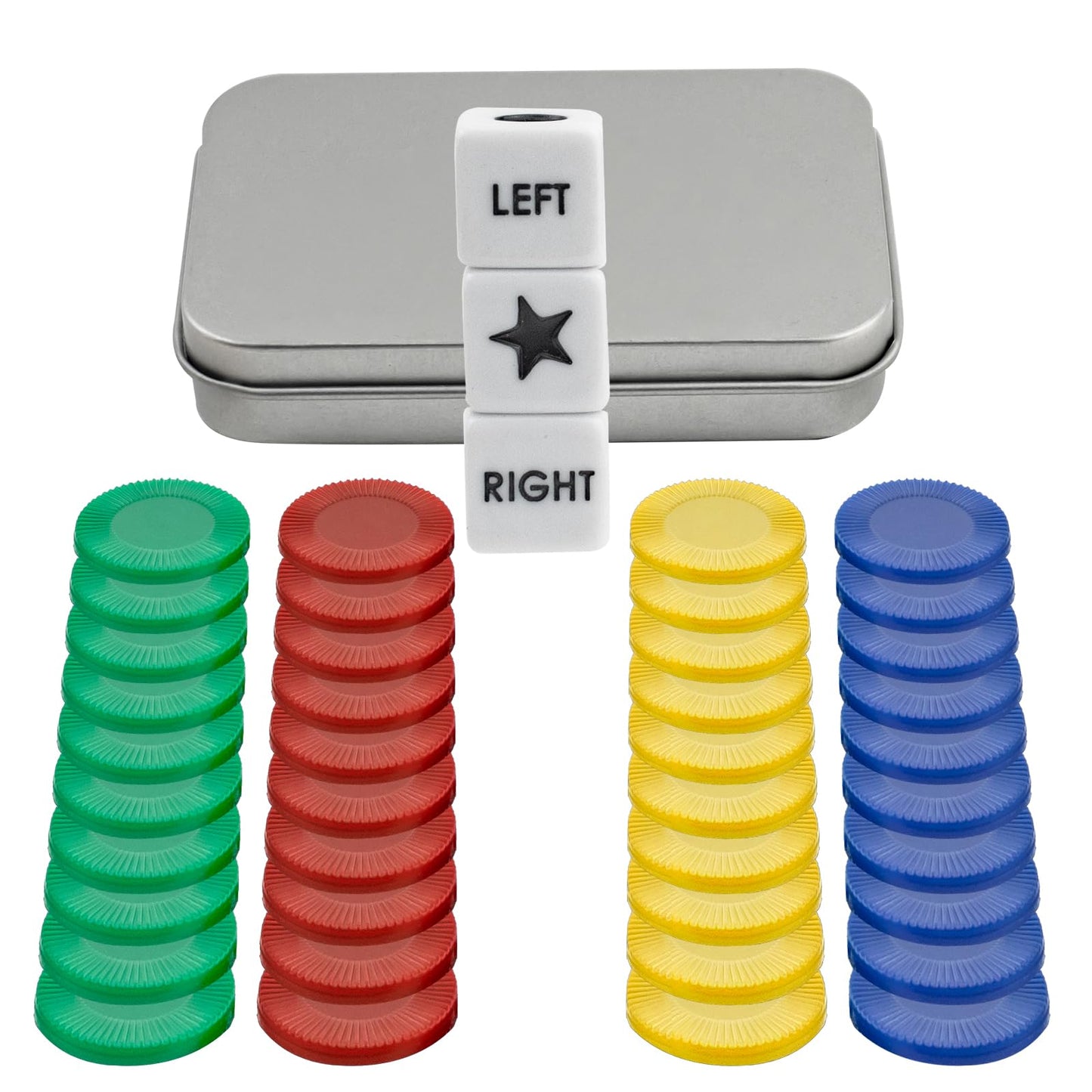 BEABOY Left Right Center Dice Game Set – 3 Dice + 40 Colorful Chips