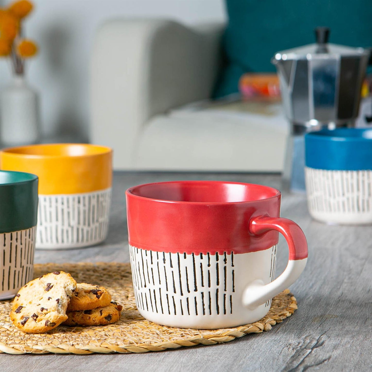 450ml Red Colour Block Dash Stoneware Coffee Mugs - Pack of Six