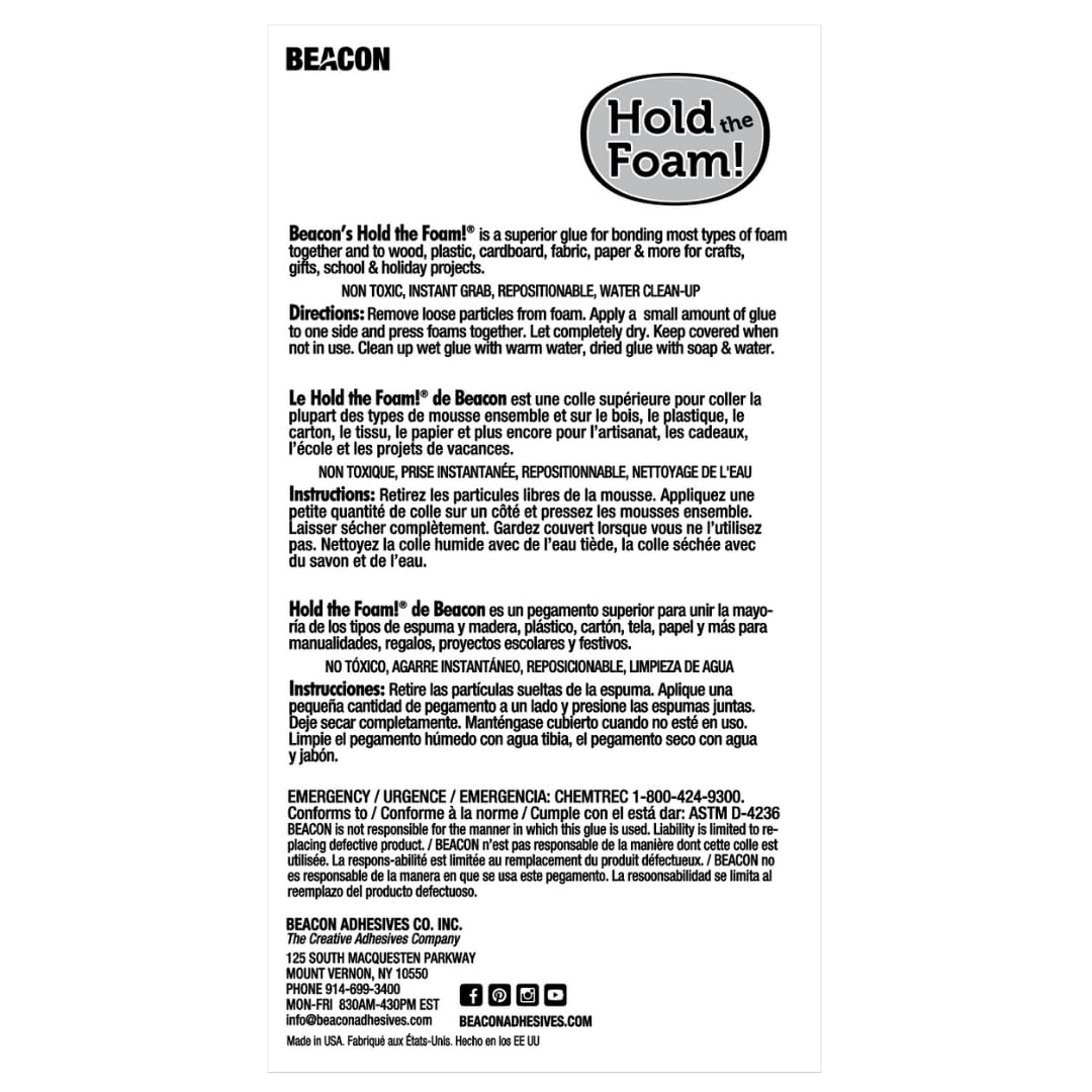Beacon Hold The Foam Glue 2oz – Fast-Drying Foam Bonding, Made in USA