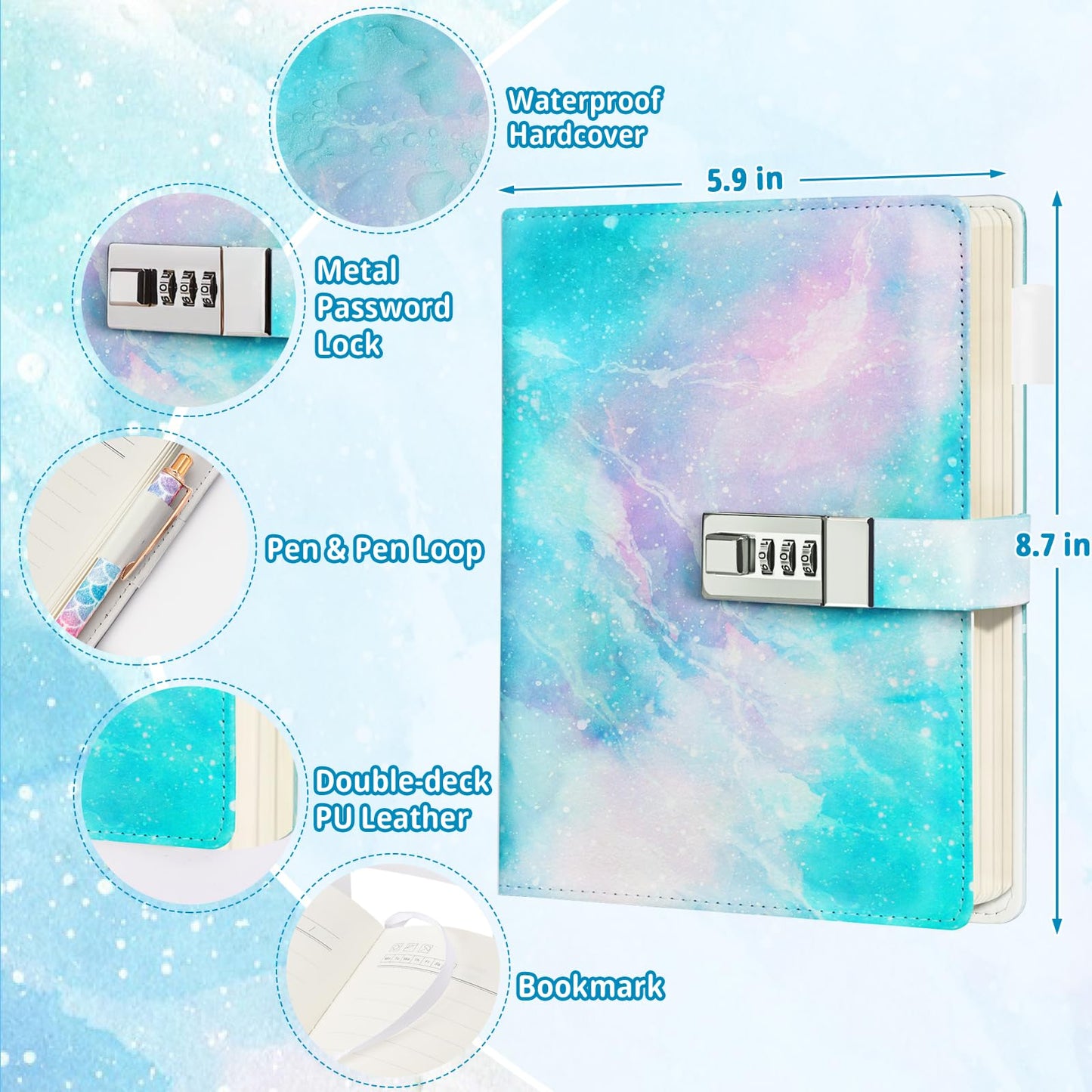Beadsky Diary with Lock – A5 Secret Journal for Girls, 192 Pages, Password Diary with Pen
