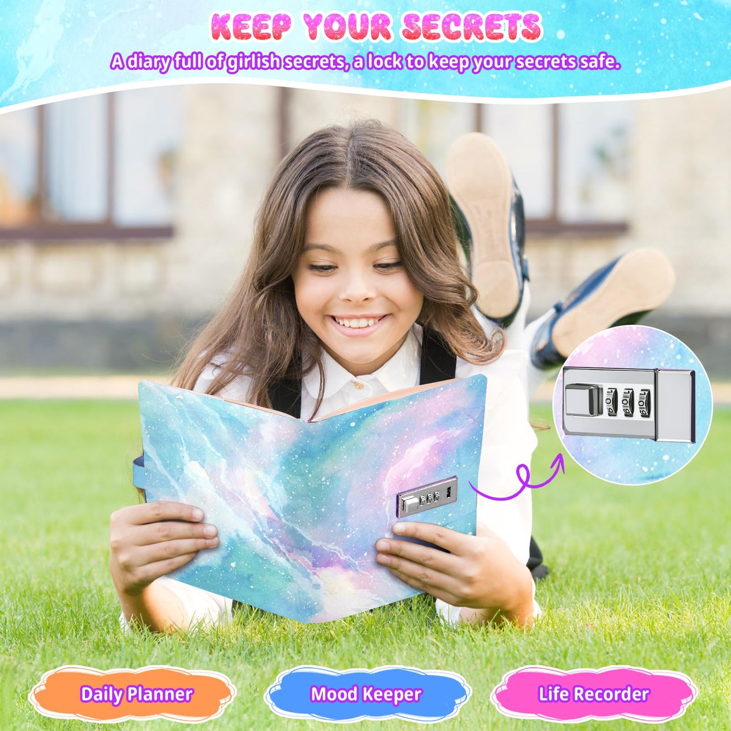 Beadsky Diary with Lock – A5 Secret Journal for Girls, 192 Pages, Password Diary with Pen