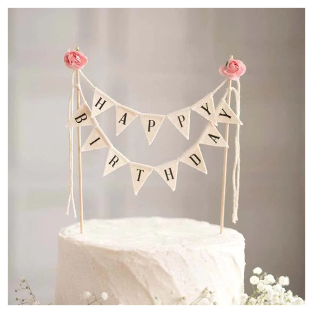 BEAIMUXI Happy Birthday Cake Topper – Ivory Cotton Banner with Pink Rose (Handmade)