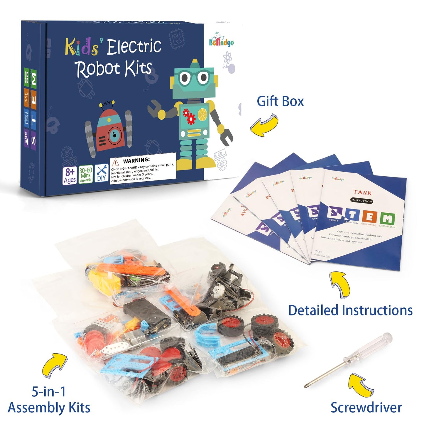 BeAndge 5-in-1 STEM Kit for Kids 6-12 | Solar Car, Wind Car, Robot, Tank, Glider