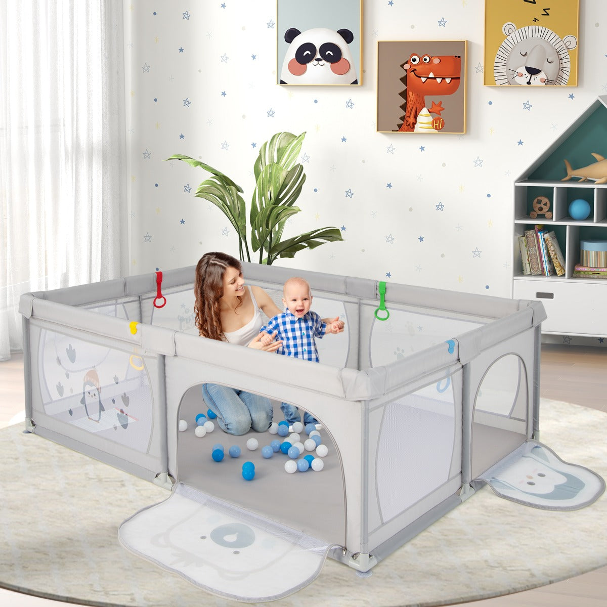 206 x 147 cm Baby Playpen with 50 Ocean Balls for Babies and Toddlers-Animals