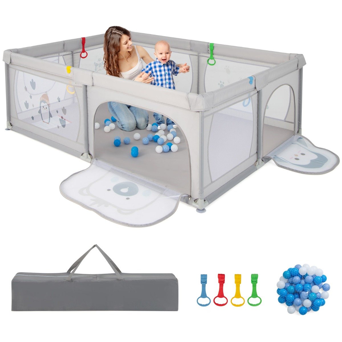 206 x 147 cm Baby Playpen with 50 Ocean Balls for Babies and Toddlers-Animals