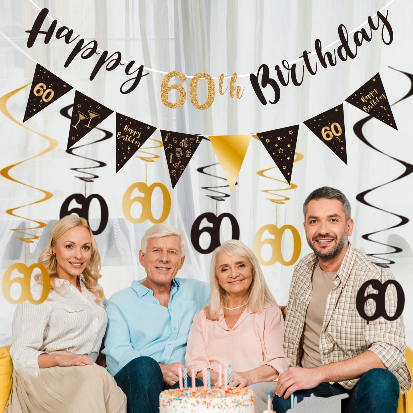 BRT Bearingshui 60th Birthday Decoration Kit – Black & Gold Banner, Bunting, Swirls & Flags