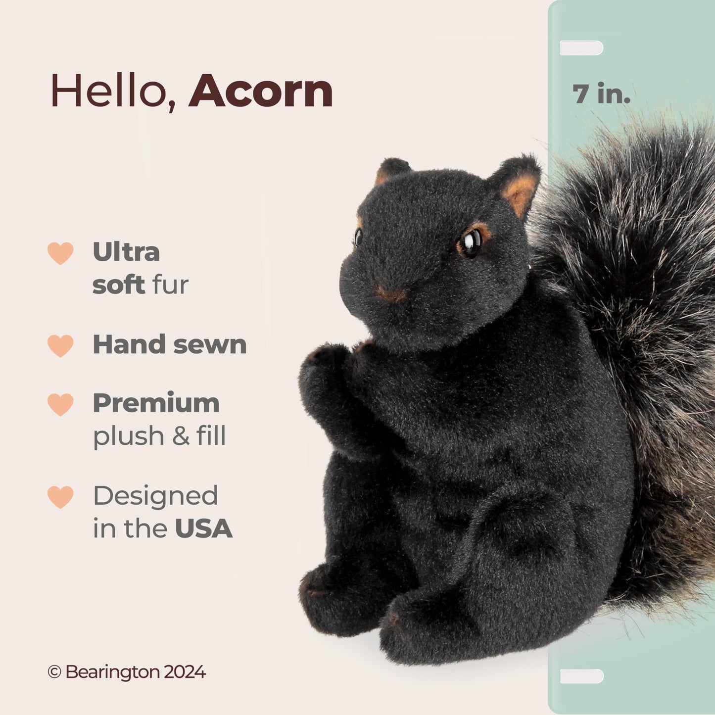 Bearington Acorn Black Plush Squirrel – 7-inch Soft Realistic Stuffed Animal for Kids & Collectors