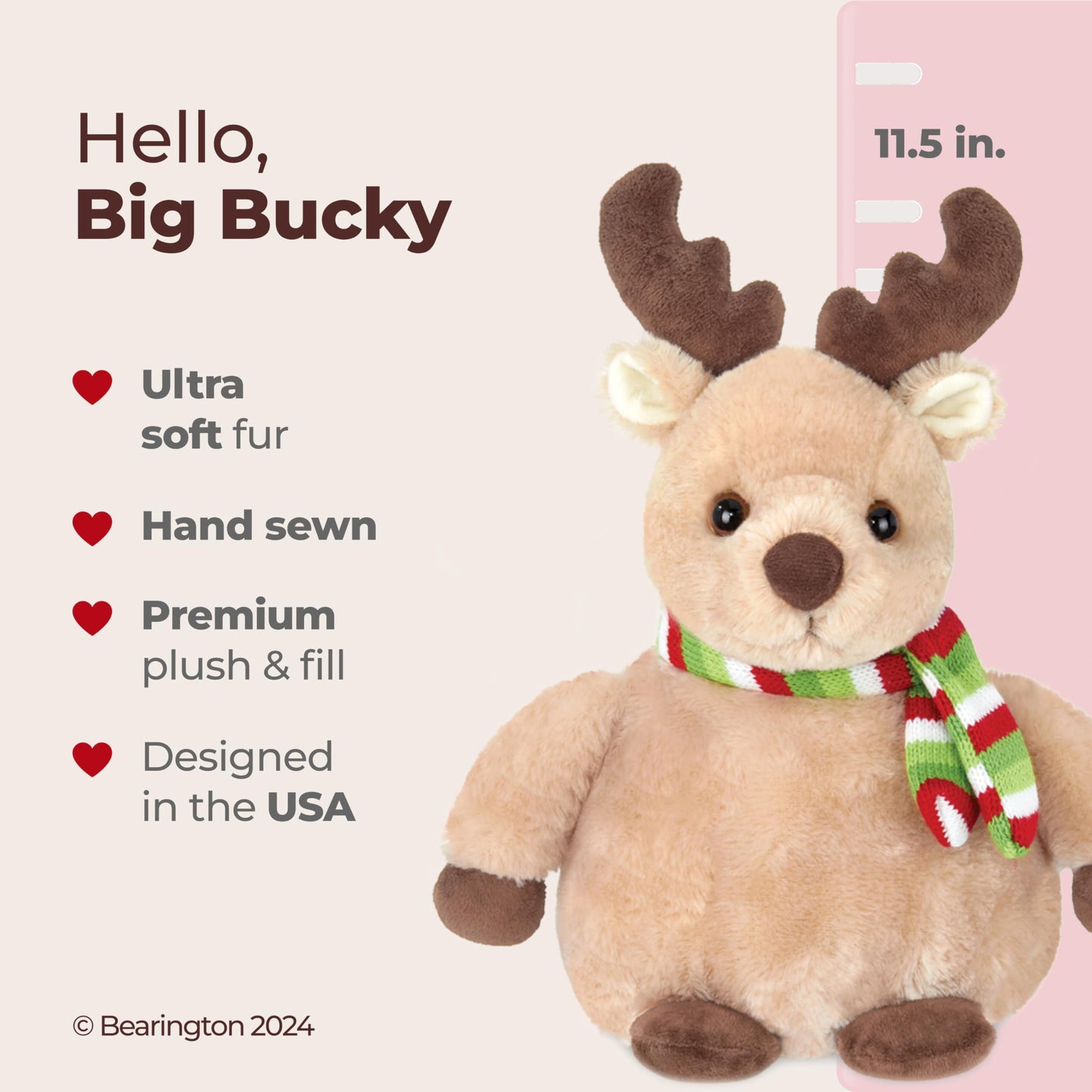 Bearington Big Bucky Reindeer Plush - 11.5-Inch Christmas Stuffed Animal for Kids (Ages 3-14)