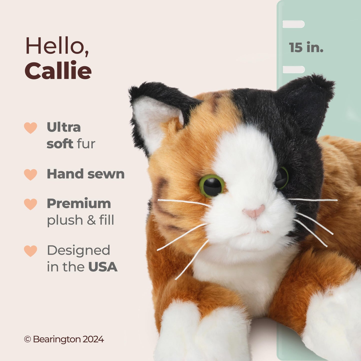Bearington Callie 15-Inch Calico Cat Plush – Realistic Cat Stuffed Animal for Kids