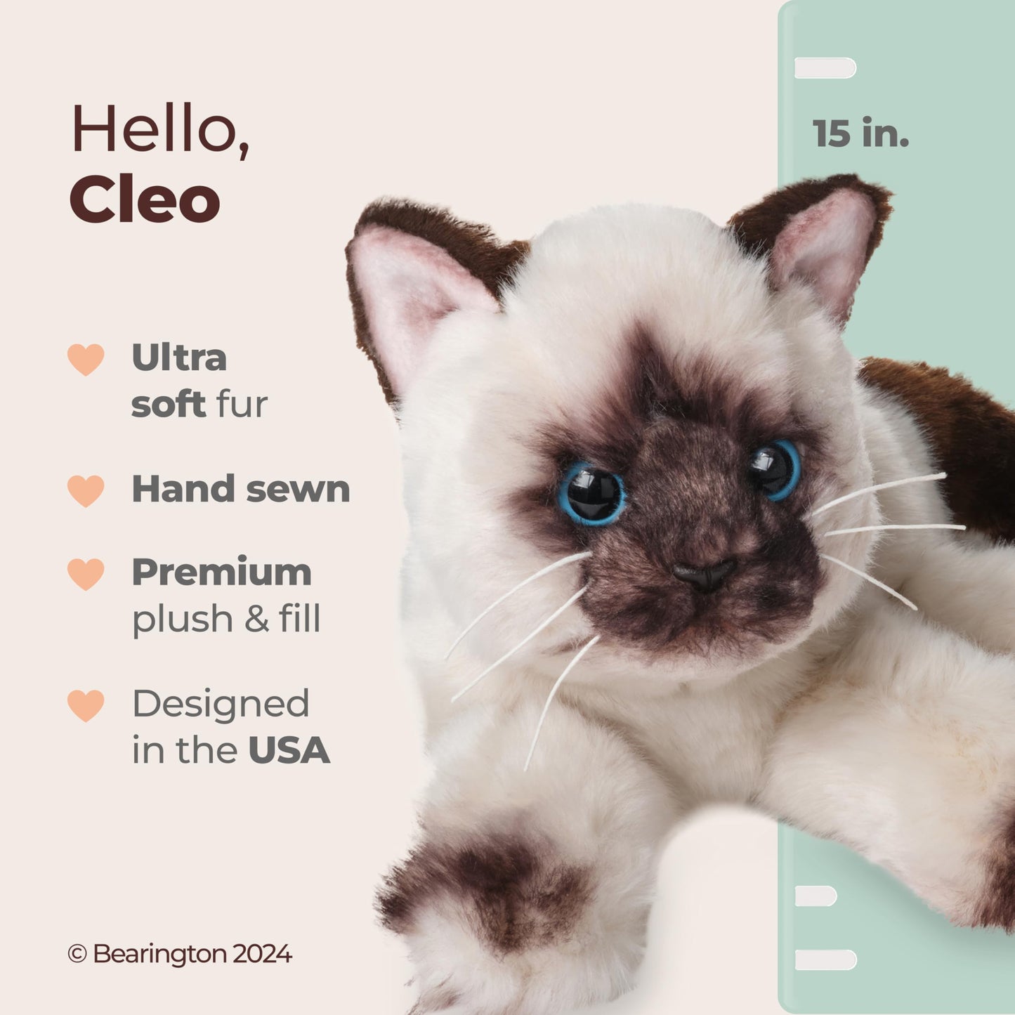 Bearington Cleo Siamese Cat Plush Toy – 15-Inch Realistic Soft Cat Plush | Weighted Paws