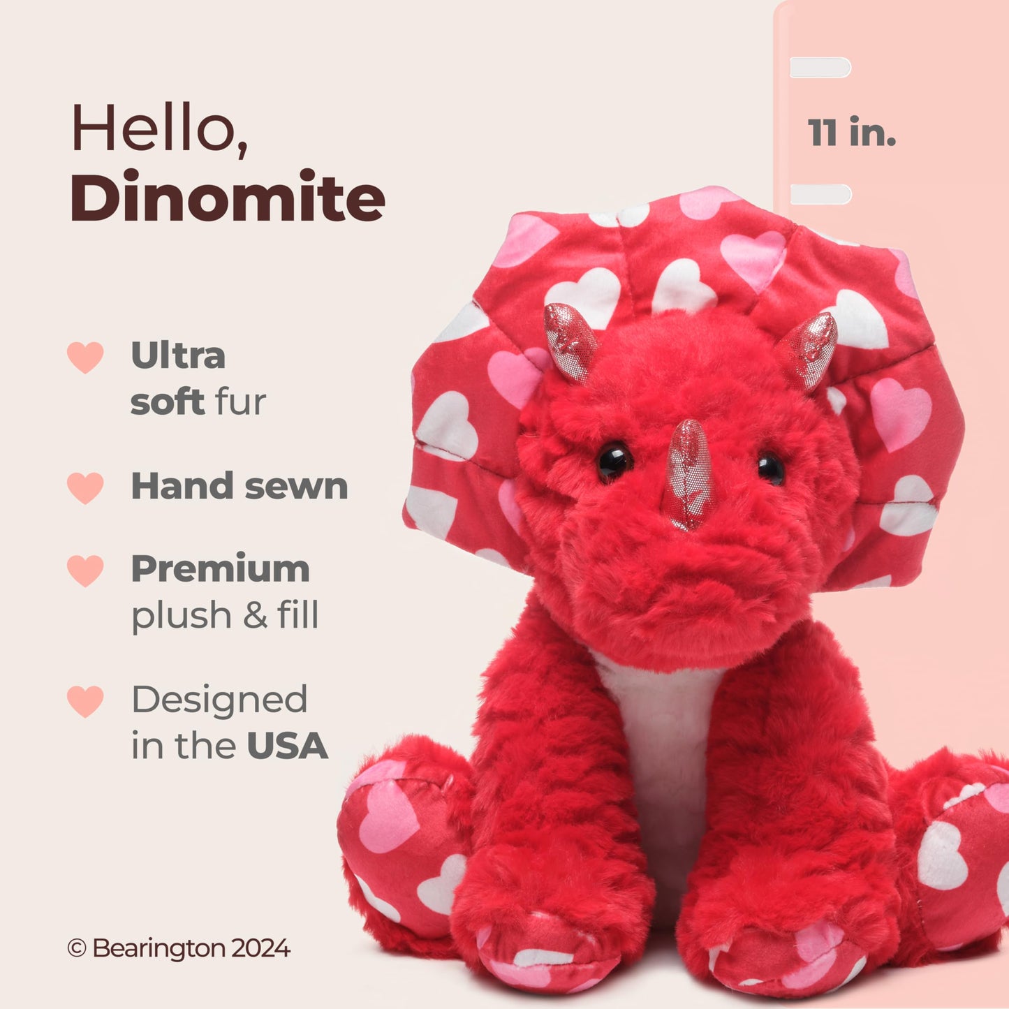 Bearington Dinomite 11-Inch Red Triceratops Valentine Plush | Bearington Collection