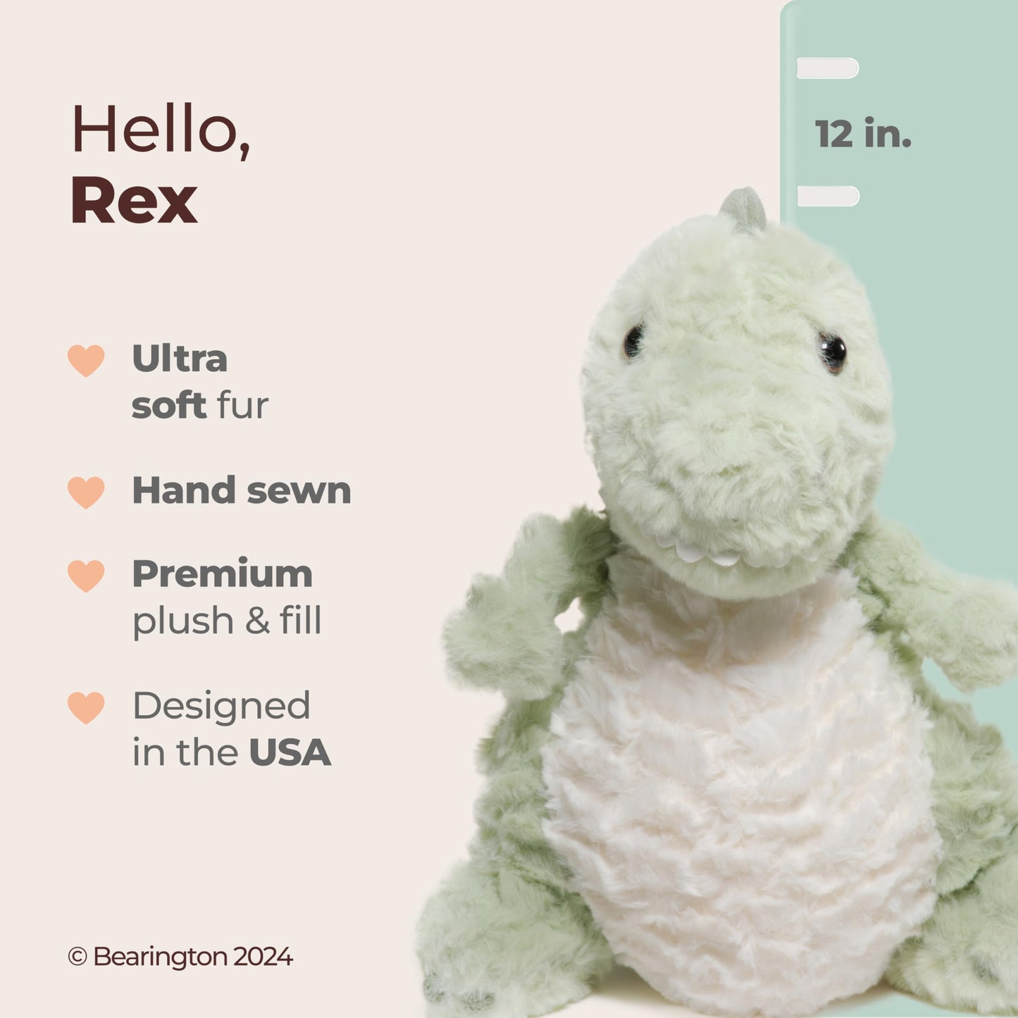 Bearington Dinosaur Plush Rex 12in – Soft Dino Toy for Kids