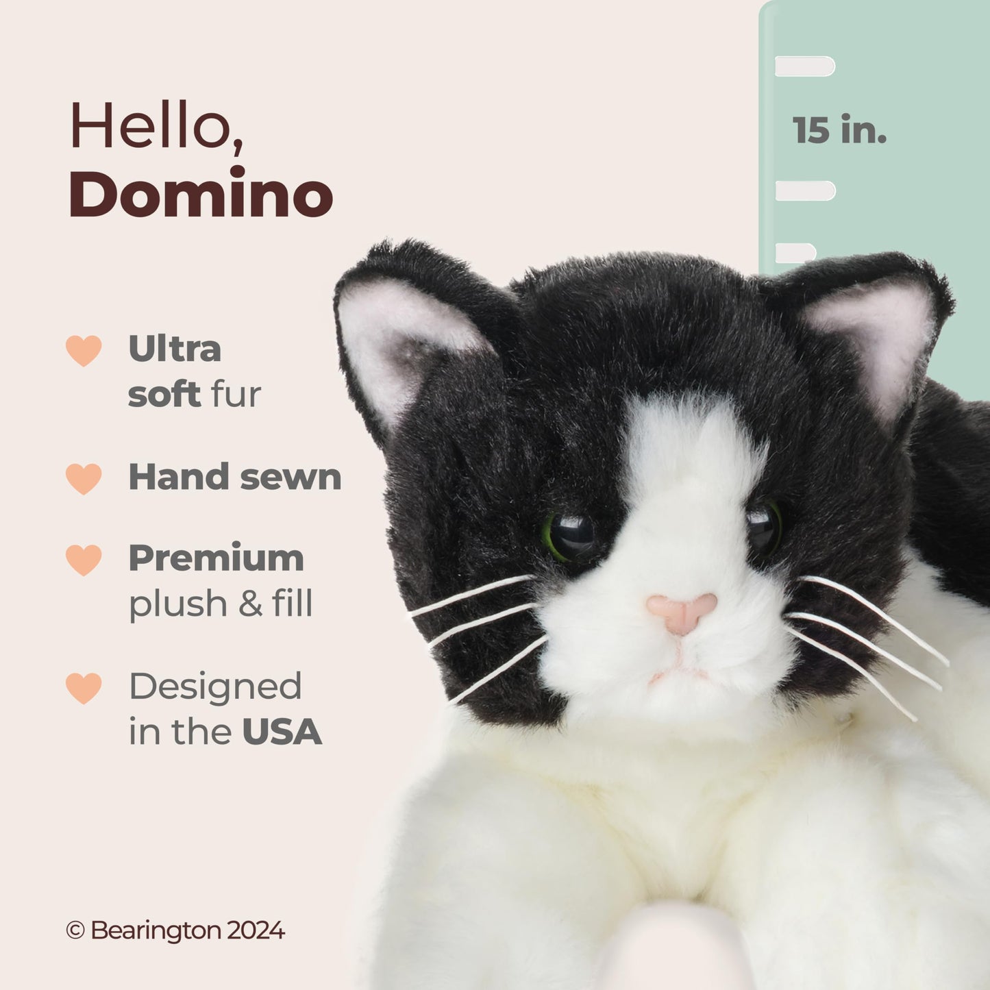 Bearington Domino Cat Stuffed Animal – 15-Inch Realistic Tuxedo Plush