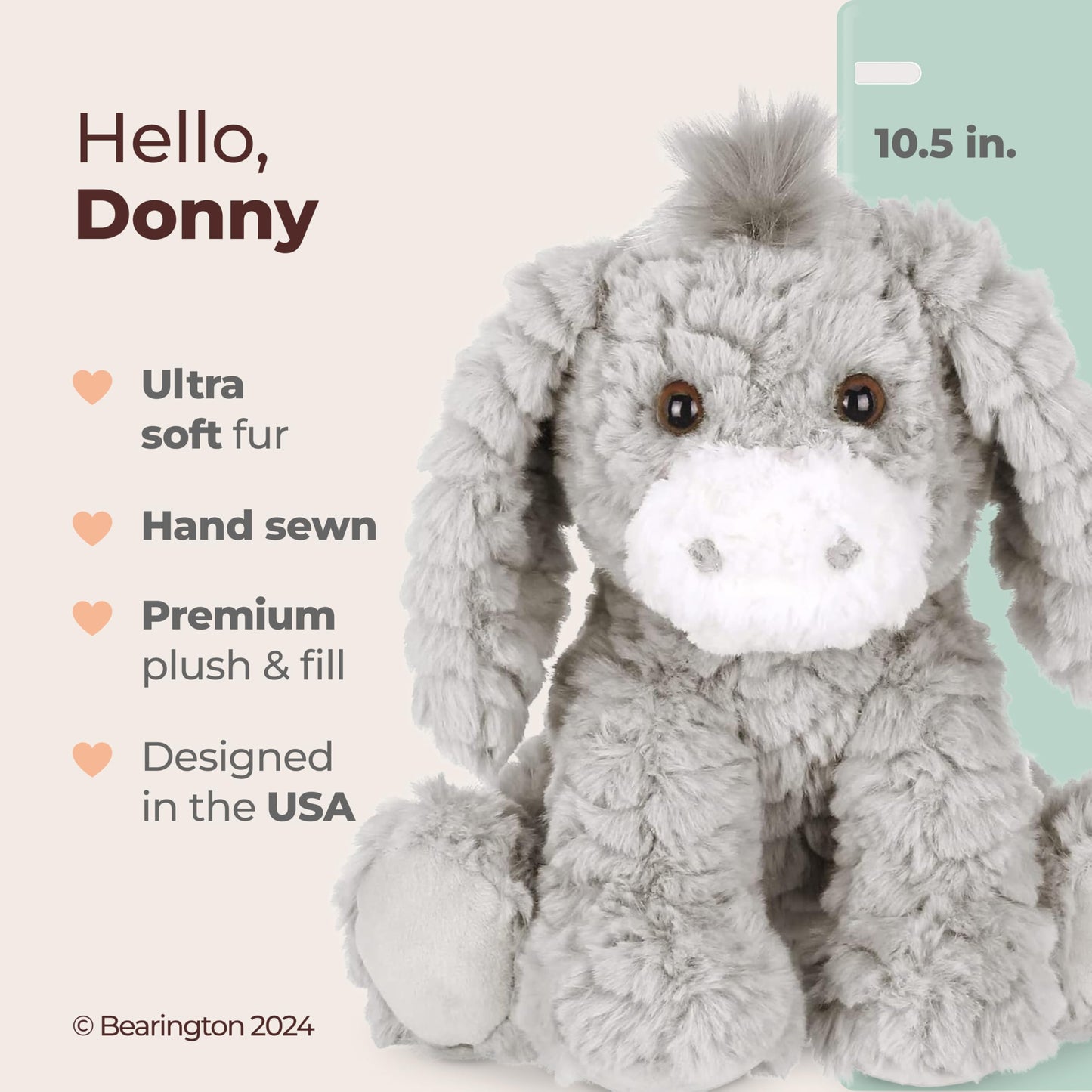 Bearington Donny Plush Donkey - 10.5-inch Soft Gray Stuffed Animal with Weighted Body