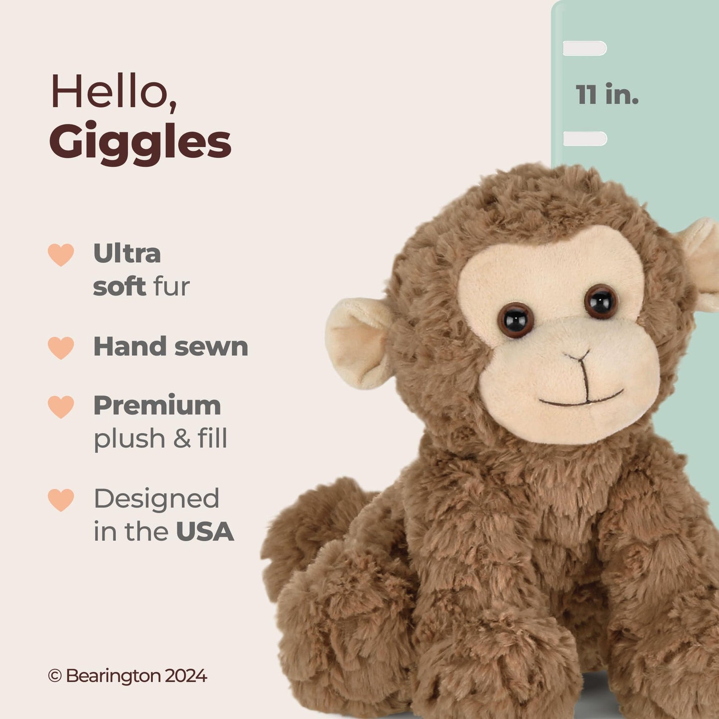 Bearington Collection Giggles Monkey Stuffed Animal – 10.5-Inch Soft Brown Plush Toy