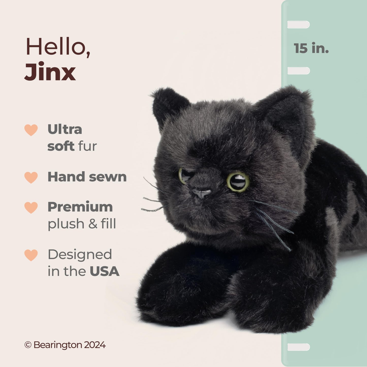 Bearington Jinx Black Cat Plush - 15-Inch Realistic Kitty Stuffed Animal for Kids | Soft Fur & Lifelike Details