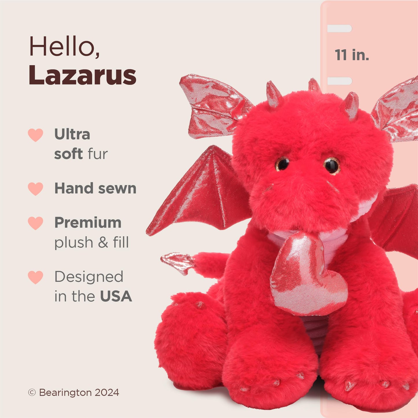 Bearington Lazarus The Love Dragon — 11-Inch Valentine Plush Gift for Kids, Boyfriend, or Girlfriend