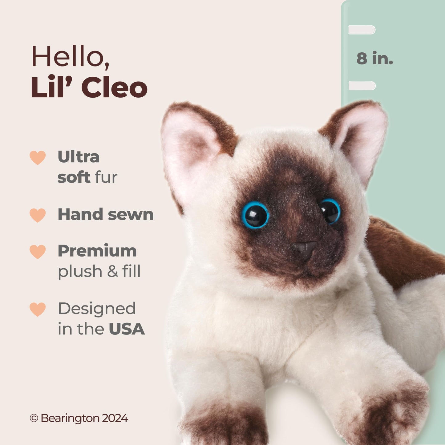 Bearington Lil’ Cleo Siamese Cat Plush - 8-Inch Soft Kitty Toy with Realistic Details & Floppy Body