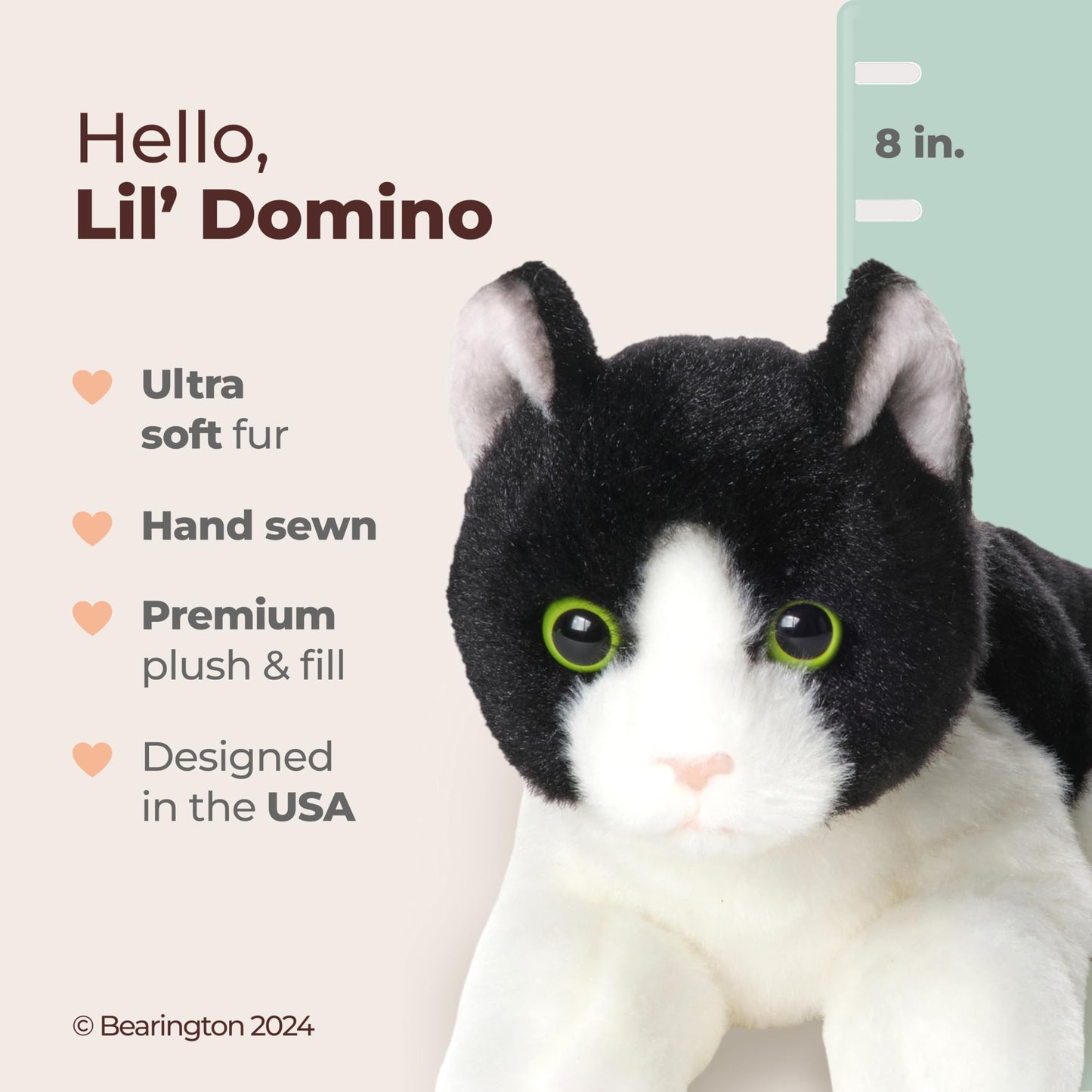 Bearington Lil' Domino Tuxedo Cat Plush – 8-inch Black & White Stuffed Cat | Bearington Collection