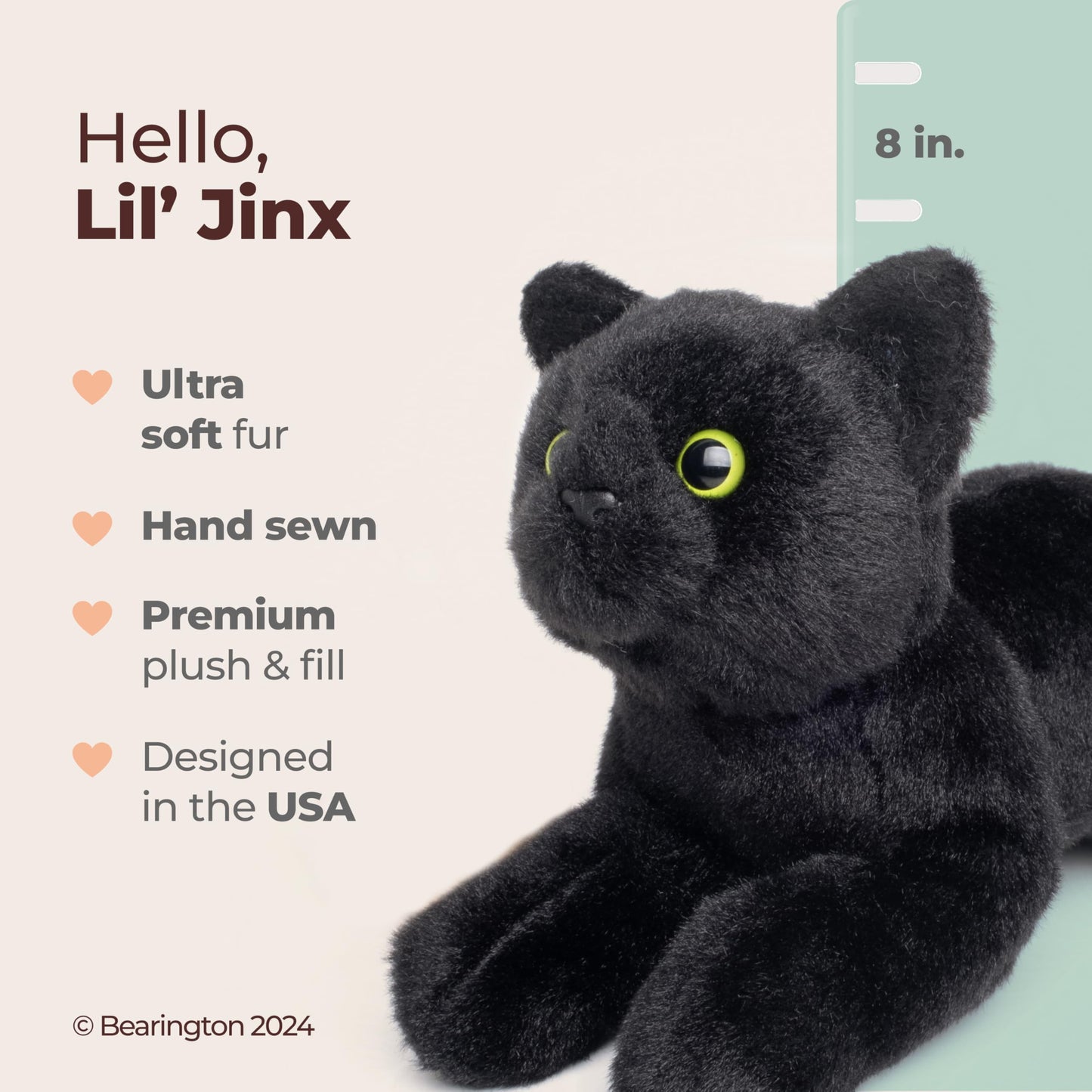 Bearington Lil' Jinx Black Cat Plush – 8-Inch Realistic Kitty Stuffed Animal