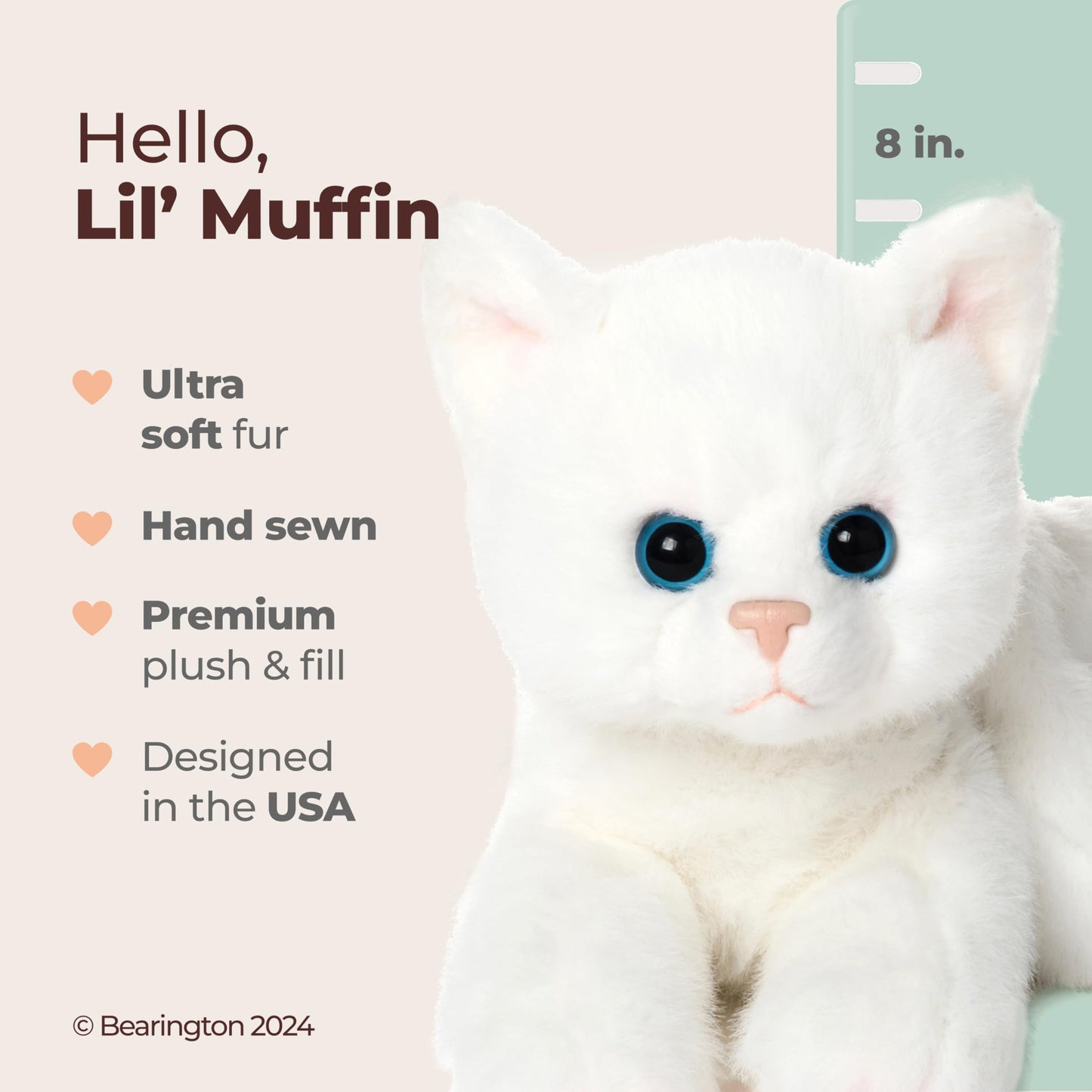 Bearington Lil' Muffin White Cat Plush Toy — 8-Inch Adorable Kitten