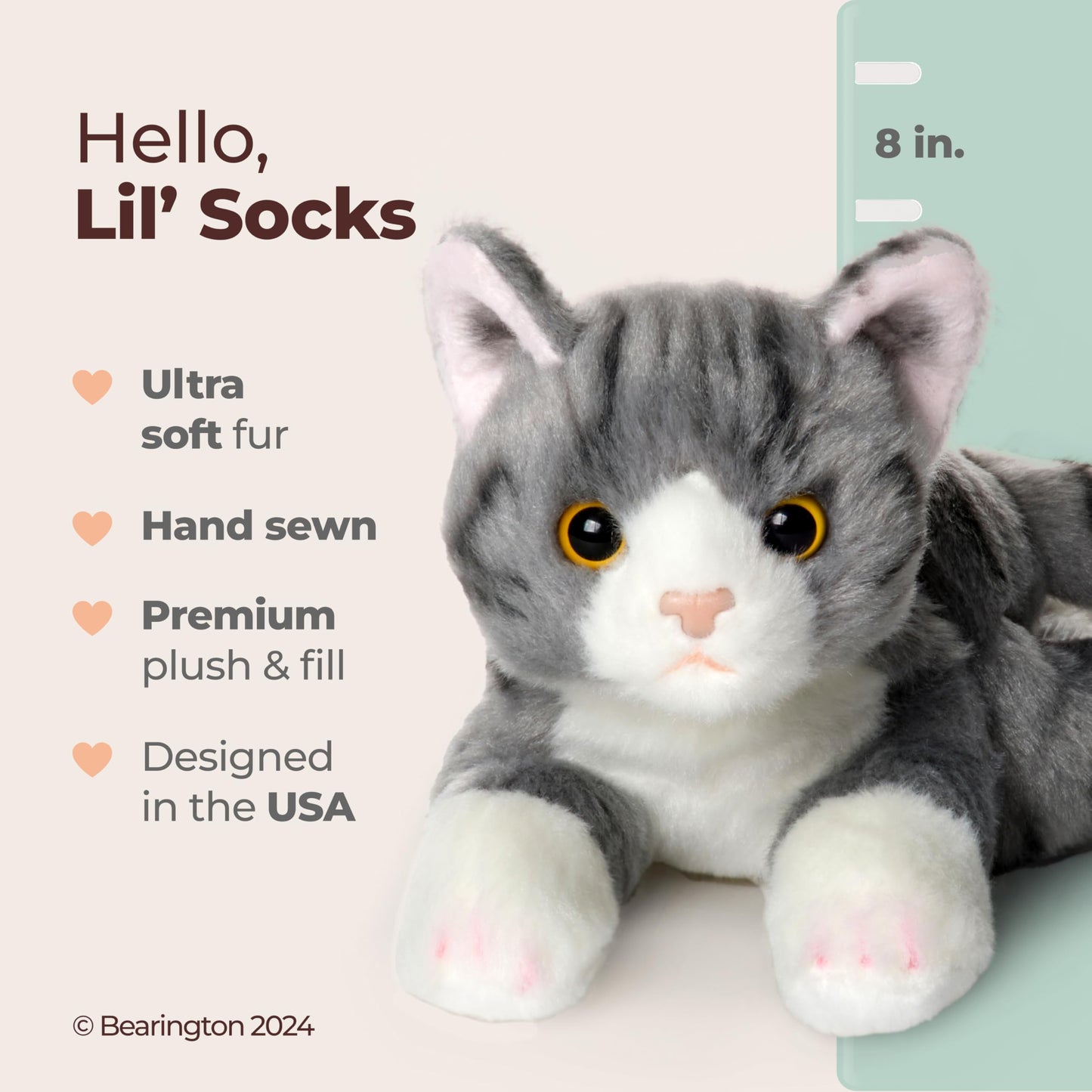Bearington Lil' Socks Cat Stuffed Animal – 8-Inch Realistic Plush Cat Toy by Bearington Collection