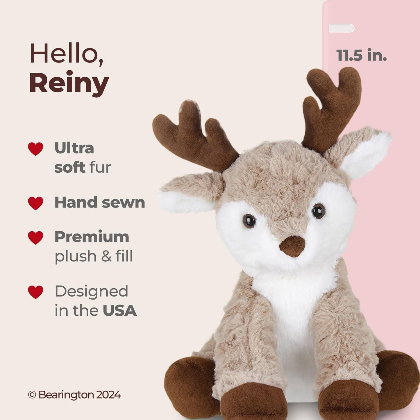 Bearington Reiny Christmas Reindeer Plush — 11.5-Inch Soft, Huggable Toy | Bearington Collection