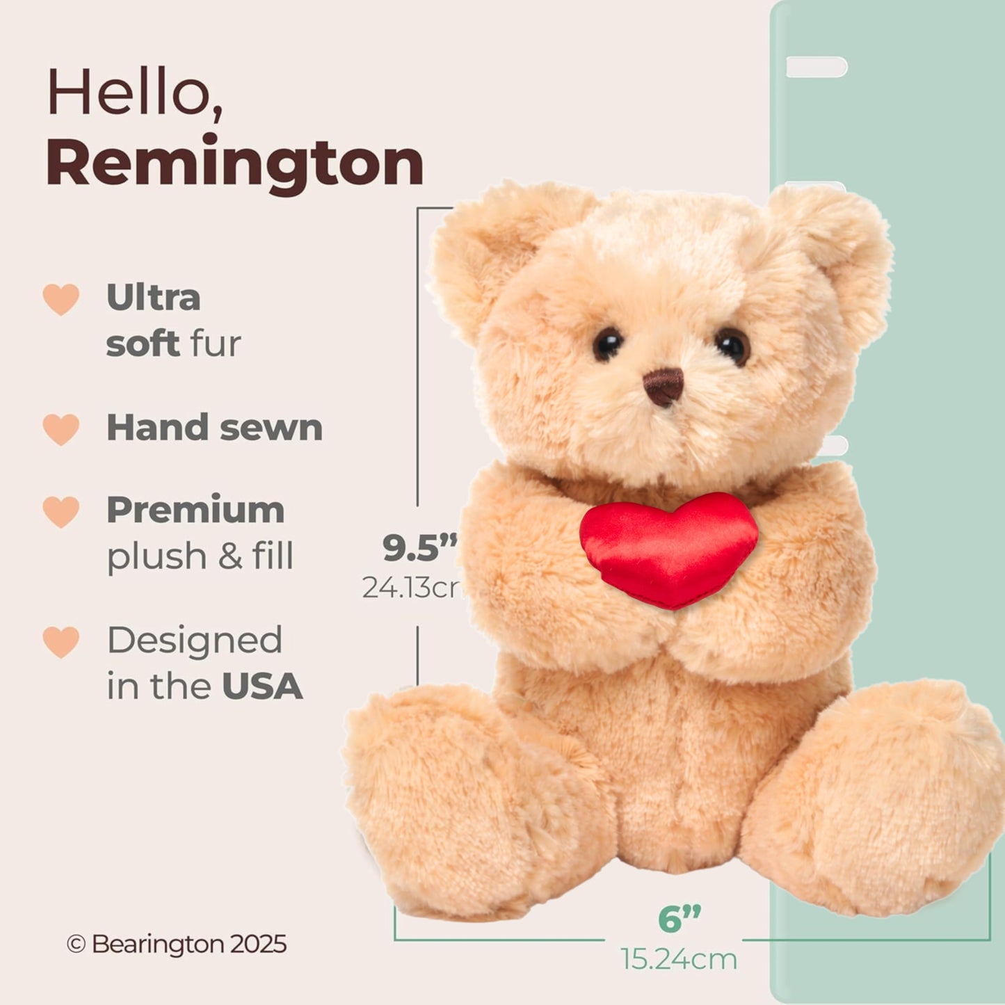 Bearington Remington Teddy Bear - 9.5-Inch Soft Valentine Plush Gift